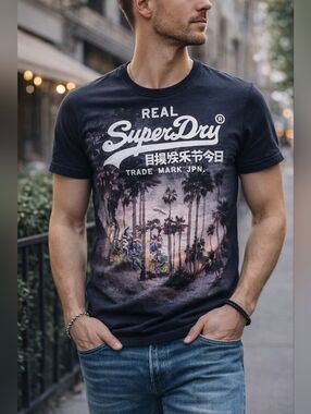 Real Superdry Graphic Palm T-Shirt Size L Japan Print Black Casual Unisex